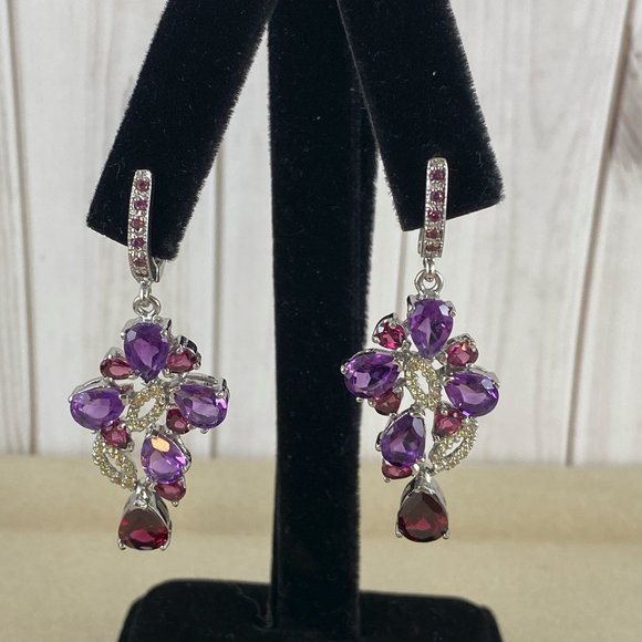 Stunning Rich Pear Faceted Red Rhodolite Garnet & Amethyst Drop Earrings - Picture 5 of 8